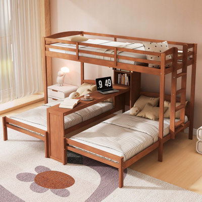 Lit superposé simple au-dessus de simple avec bureau d'étude intégré, tablettes de rangement et lampe de lecture, 3 lits dans une conception combinée, ton naturel