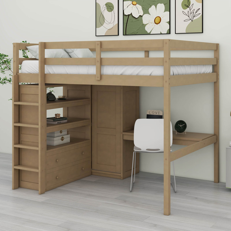 Lit mezzanine double avec garde-robe intégrée, bureau, tablettes et tiroirs de rangement, structure de lit mezzanine en bois massif