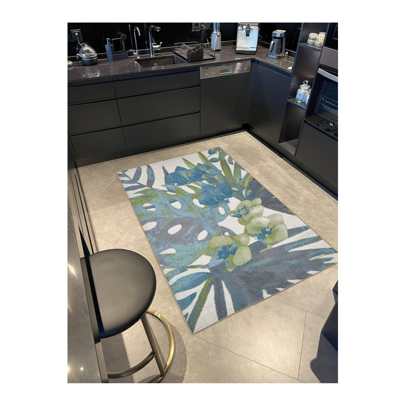 Tapis bleu lavable traditionnel à motif floral bleu, Sous-tapis carré 3 pi 3 po inclus