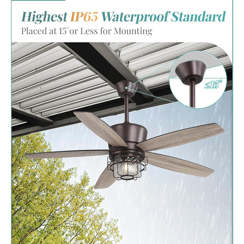 52" Outdoor Ceiling Fans With Lights And Remote Control,IP65 Wet Rated Waterproof Ceiling Fan With 6-Speed DC Motor, Farmhouse Gazebo Fan For Porch Patios Pavilion