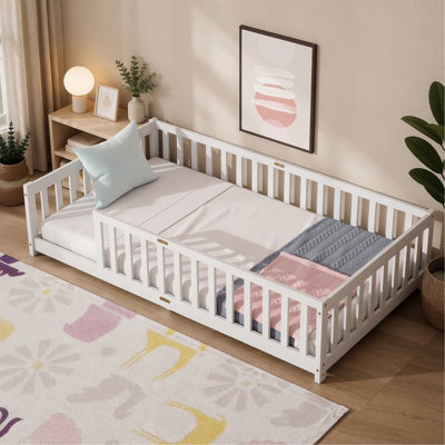 Twin Size Floor Bed with Fence without Door, Rubber Wood Floor Bed with Safety Guardrails,White