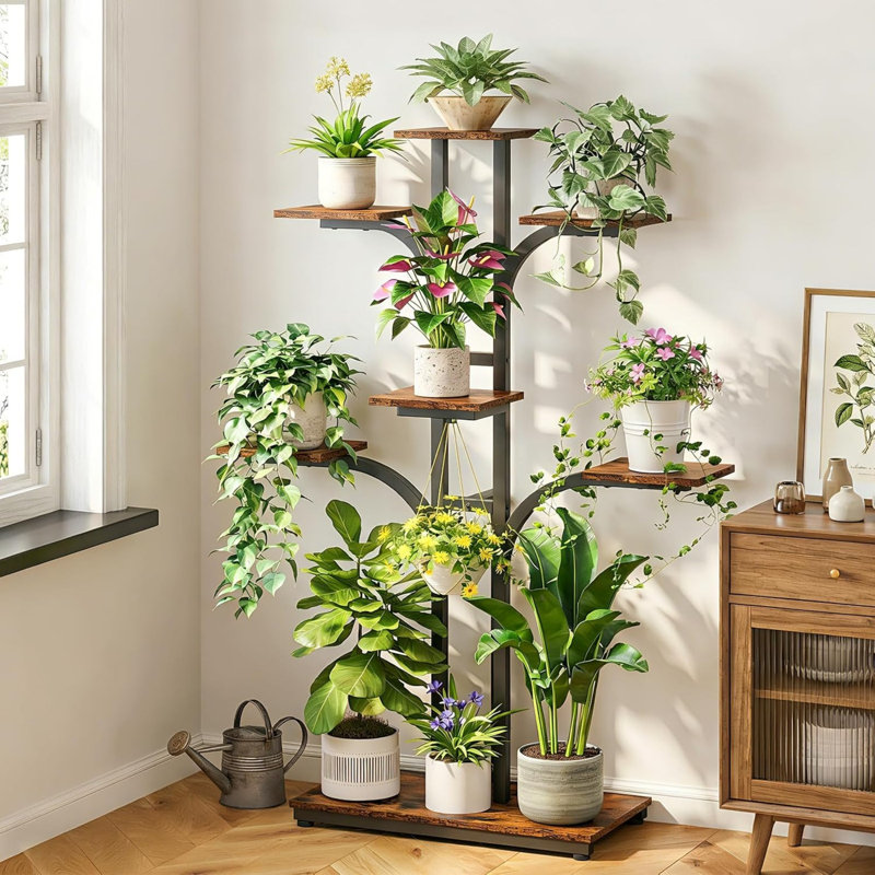 Metal Plant Stand Indoor Brown with Grow Lights for Patio
