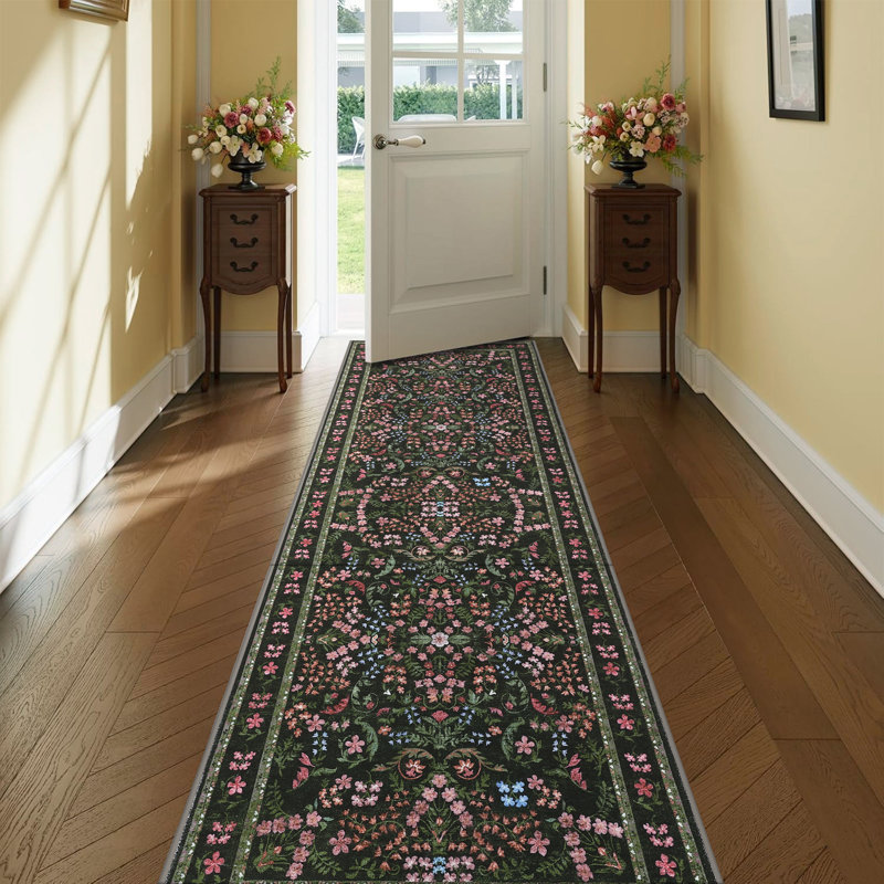 Washable Runner Rug 2x6 Farmhouse Floral Hallway Runner Non Slip, Vintage Entryway Rug, Soft Thin Low Pile Carpet, Indoor Non Shedding Floor Mat, Foldable Printed Carpet, Green