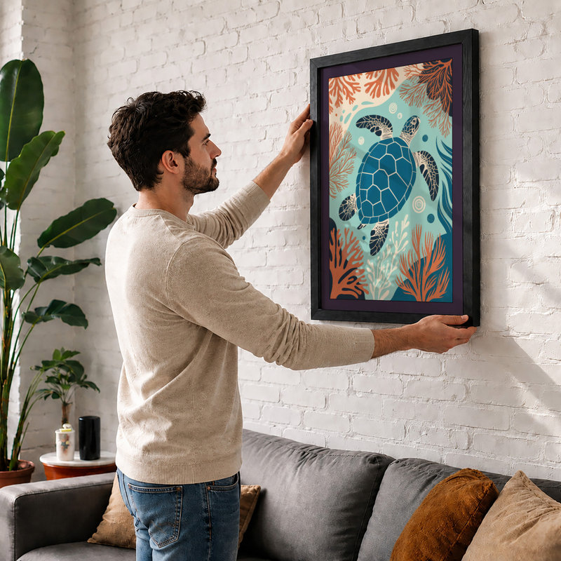 Turtle in Open Water Coastal - Framed Print, A2 - 59.4 x 42.0 cm, White