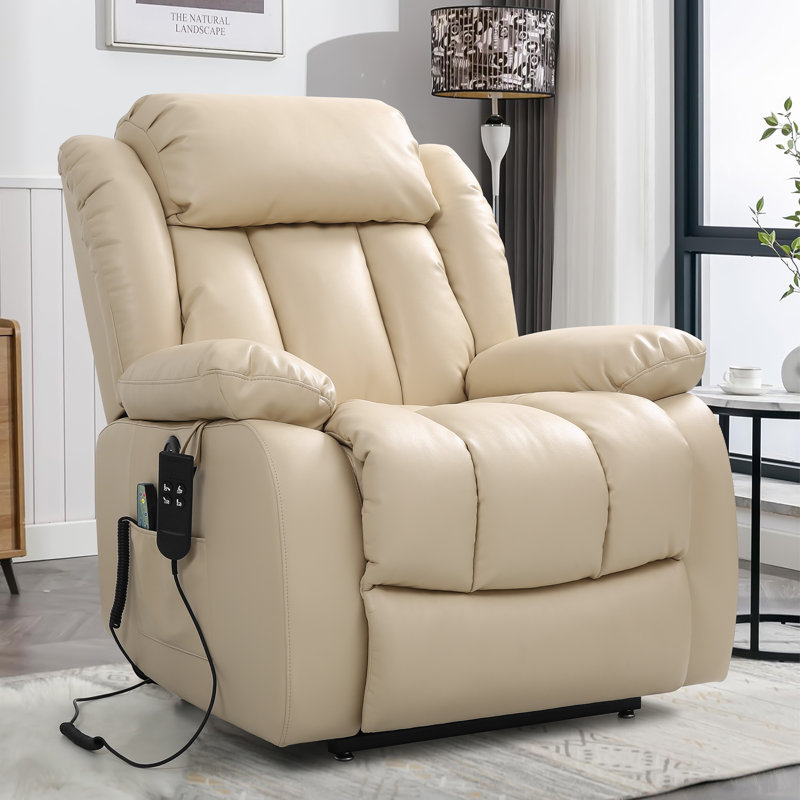 Albrechtice Lay Flat Power Recliner, Dual Motor Leather Lift Chair for Elderly with Massage & Heating, Beige