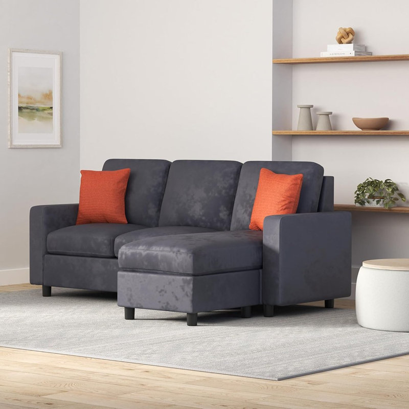 Canapé modulaire rembourré pour la maison, appartement, dortoir, chambre bonus, espaces compacts avec méridienne, 3 sièges, conception en forme de L, banc de repose-pieds réversible