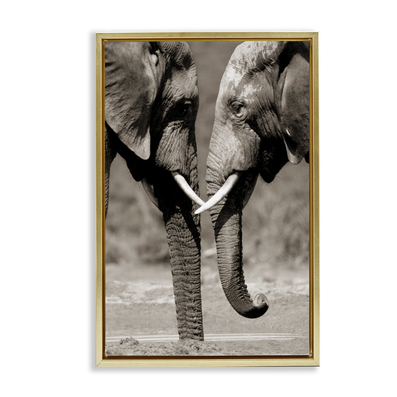 Paire d'éléphants réconfortants, H 31 po x l 21 po, Cadre flottant métallique doré