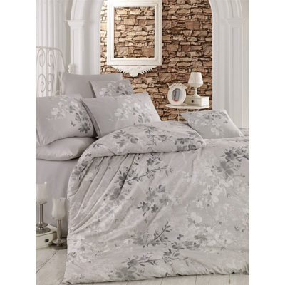 Luxurious 100% Cotton Ranforce Quilt Cover Set, Grey & White | Duvet Cover 63 x 87, Flat Sheet 63 x 94, Pillowcase 20 x 28 | Machine Washable, 140 Thread Count, Elegant Button Closure, Soft & Breathable