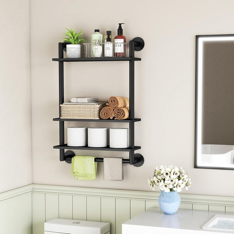 Étagères murales de salle de bain à 3 niveaux avec barre à serviettes, tablettes en acier inoxydable de 26 po