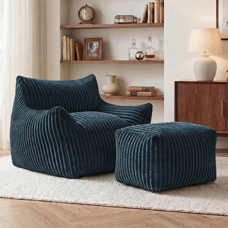 Large Corduroy Compression Bean Bag Chair with Ottoman Memory Foam Lazy Floor Sofa, Navy Polyester Blend