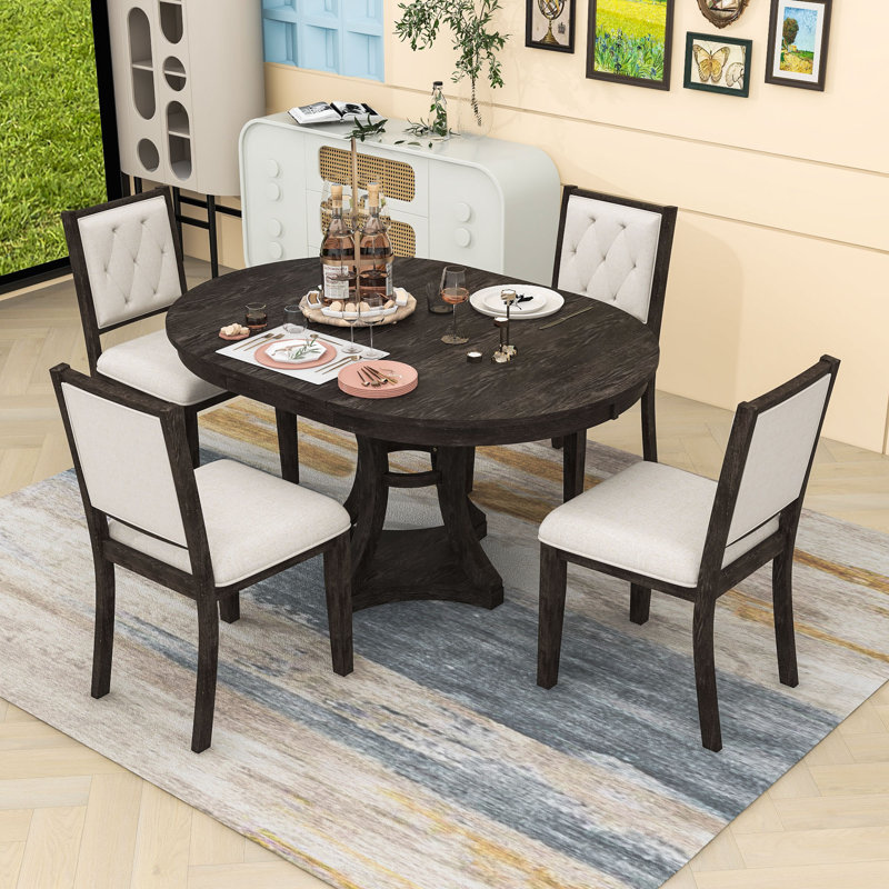 Ensemble de table de salle à manger 5 pièces, table extensible en bois avec rallonge amovible et chaises rembourrées