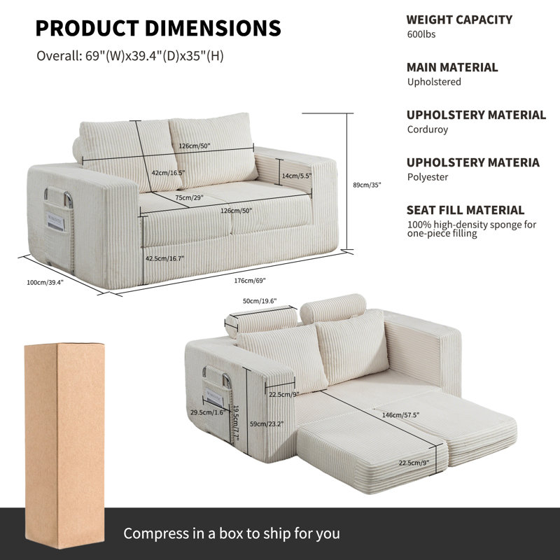 2 Seater Corduroy Sofa, Beige