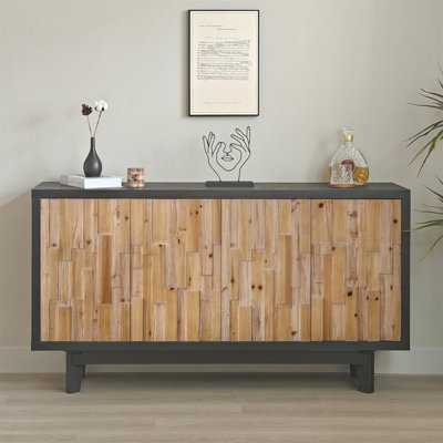 Armoire de rangement moderne à 4 portes en bois avec motif géométrique texturé - bois naturel et finition brillante