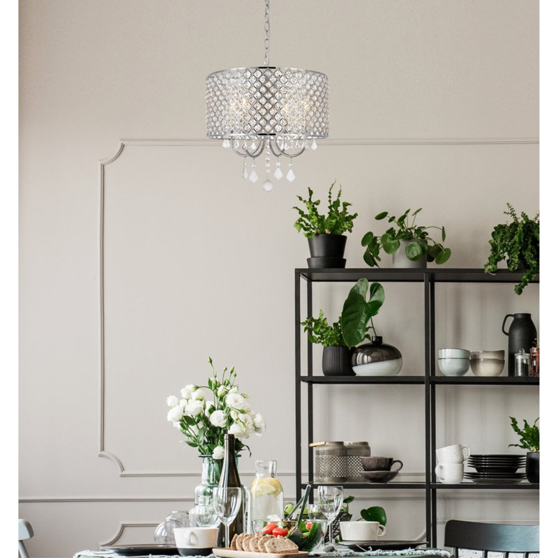 Dusin 4-Light Dimmable Crystal Drum Chandelier, Black, Black/Clear, 15" H x 17" W x 17" D