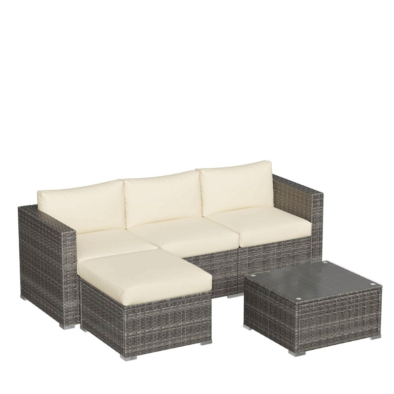 Ensemble de conversation de patio 5 pièces en osier avec coussins et table en verre, Beige