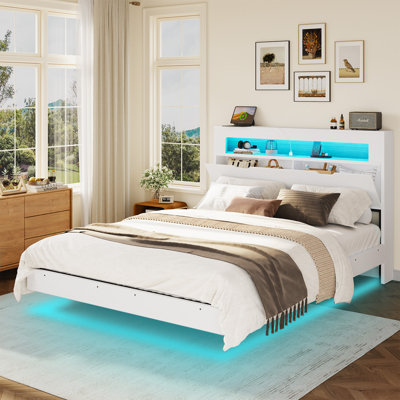Queen Size Floating Bed Frame With LED Lights, Charging Station, No Box Spring Needed