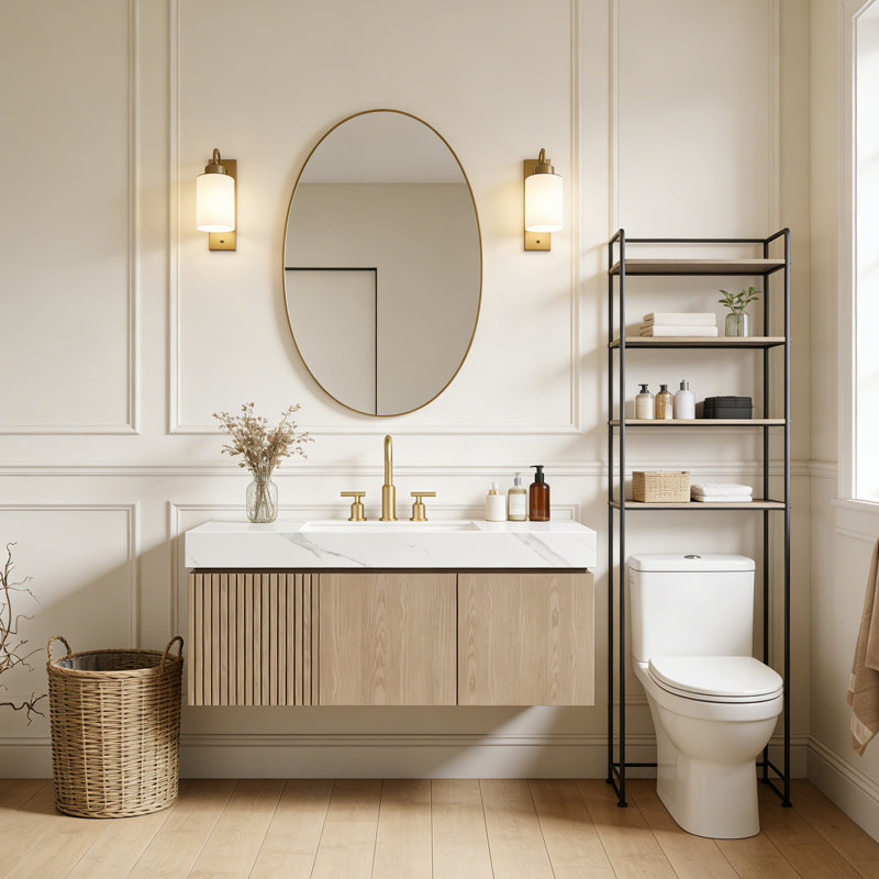 Meuble-lavabo flottant avec espace de rangement multifonctionnel et 3 trous de robinet pré-percés, Marron clair