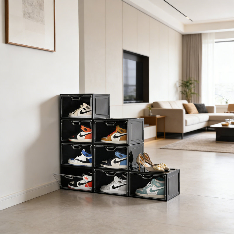 Paquet de 8 boîtes de rangement pour chaussures empilables transparentes avec couvercle magnétique, Noir