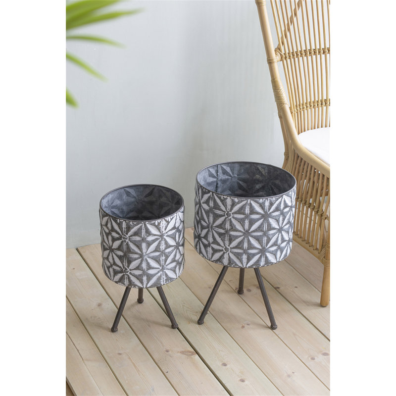Ensemble de 2 pots à fleurs en métal, pot de ferme rond gris galvanisé