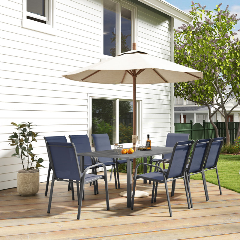 Ensemble repas de patio 9 pièces Christopher avec tissu bleu PVC-coated polyester, Marine, 8