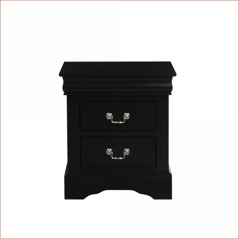 Black Traditional Louis Philippe Wood Composite Nightstand with 2 Drawers, Black