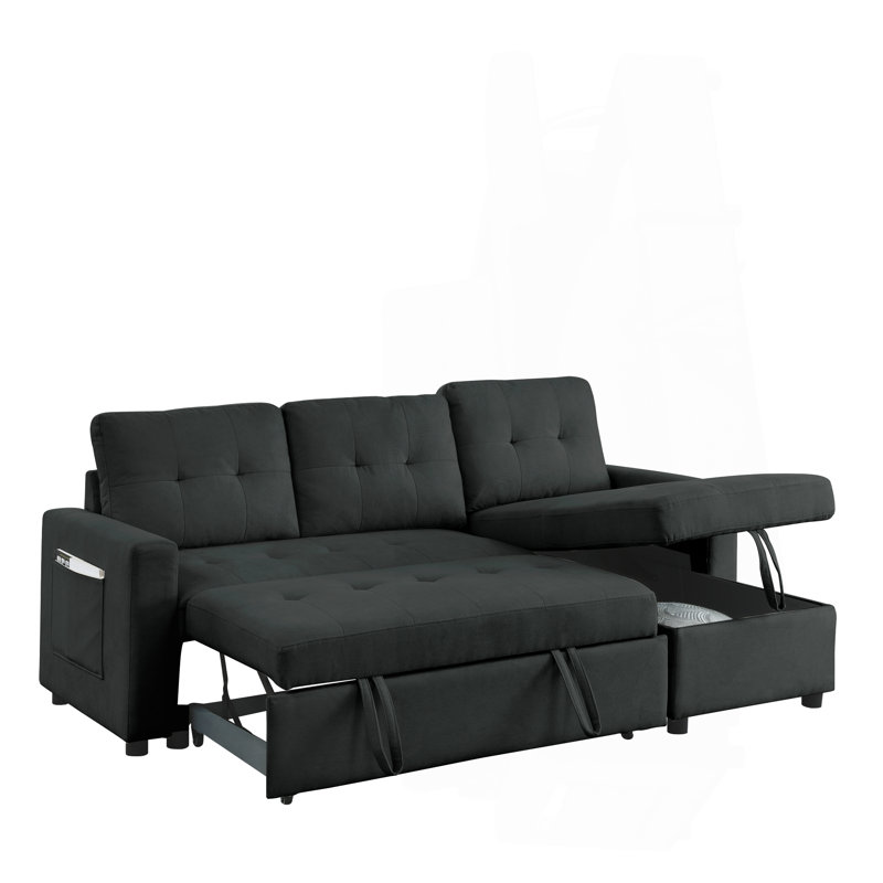 Canapé-lit modulaire réversible de 78,5 po avec méridienne et sac de rangement latéral pour petit espace, Tissu noir