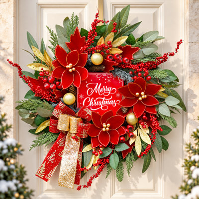 Couronne de Noël 24 po pour porte d'entrée avec lumières DEL, couronne de baies rouges, pommes de pin et boule dorée avec nœud rouge et panneau «Merry Christmas»
