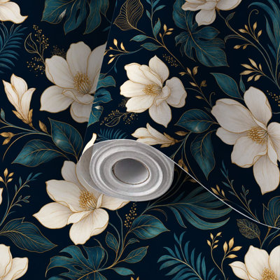 Papier peint auto-adhésif à motif de fleurs de magnolia blanc aux accents dorés, auto-adhésif foncé et amovible 24 po x 118 po (60 x 300 cm)