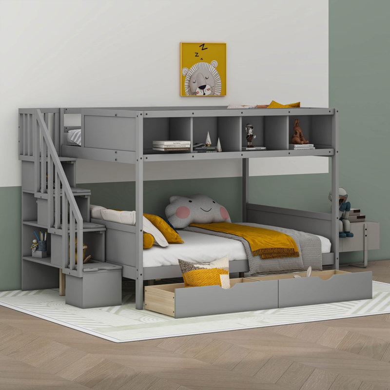 Lit superposé simple au dessus d'un lit double avec tiroirs Grajeda, gris