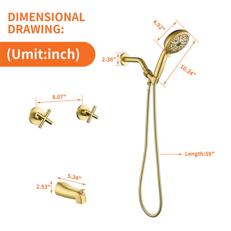 Volume Control Complete Shower System with Rough in-Valve, Brushed Gold