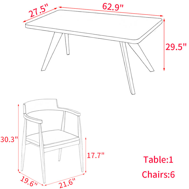 European style solid wood dining table set., 29.5"H x 27.5"L x 62.9"W