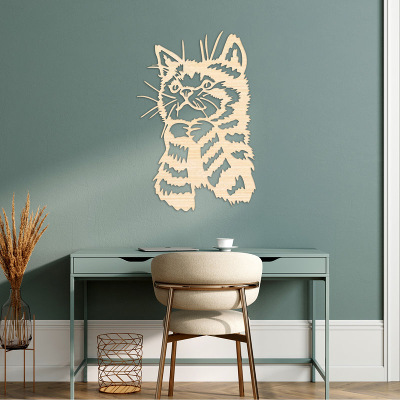 Art mural détaillé d'un chat domestique - Bouleau baltique naturel, H 46 po x l 30,3 po x P 0,25 po