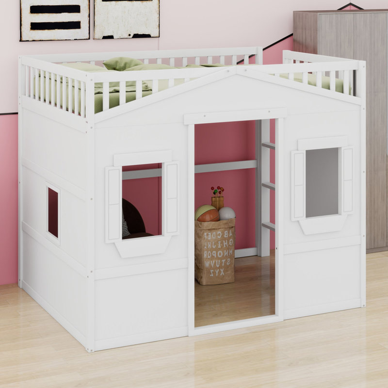 Lit mezzanine compact en forme de maison équipé d'une échelle peu encombrante, Full, Blanc