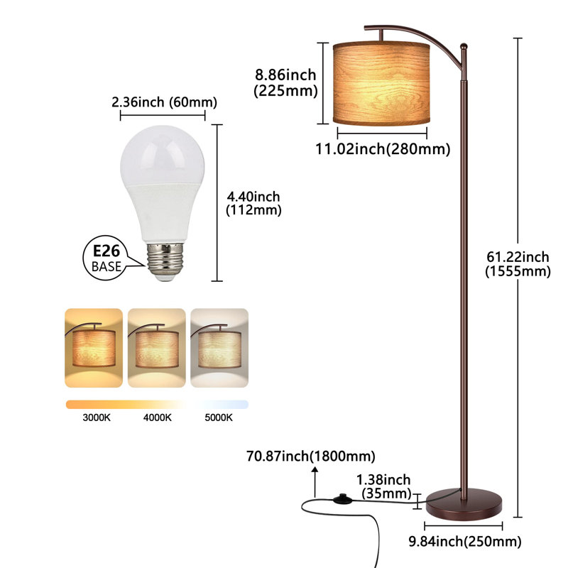 Floor Lamp For Living Room With 3 Color Temperatures Led Bulb, Standing Lamp Tall Industrial Floor Lamp, Oil Rubbed, Brown
