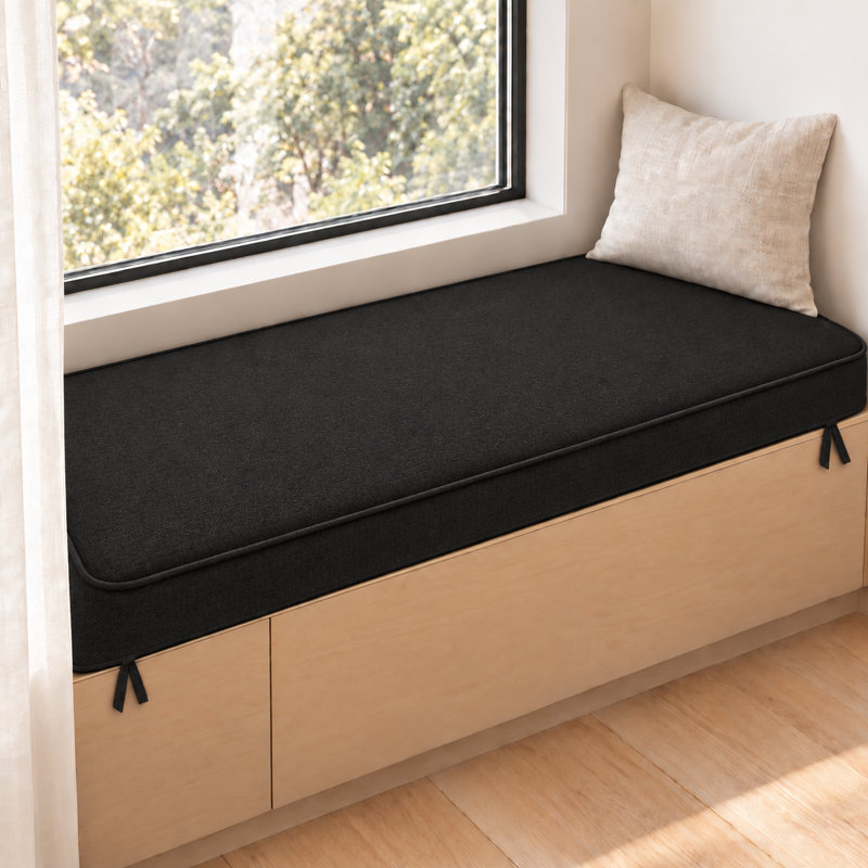 Coussin de banc sur mesure de 7,6 cm de hauteur, pour intérieur et extérieur, avec double passepoil et 2 attaches., Noir