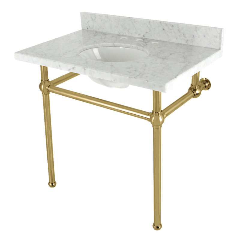Kingston Brass Templeton 36-Inch Carrara Marble Console Sink with Brass Legs (8-Inch, 3-Hole), Brushed Brass