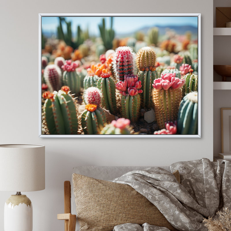 Cactus vert et rose I - décoration murale florale, H 12 po x l 20 po x P 1 po, Cadre flottant blanc