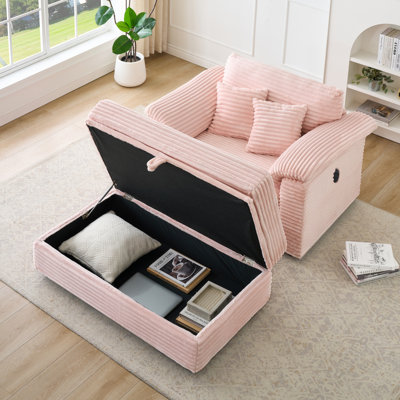 Ensemble de fauteuil avec accoudoirs en velours côtelé de 47,24 pouces et tabouret de rangement avec ports USB doubles - Canapé confortable pour une personne convenant à la fois au salon et à la chambre à coucher, rose