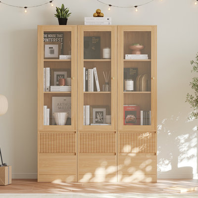 Branigans Wooden Glass Door Bookcase, 3 Pcs 3-Tier Cube Bookshelf Storage Cabinet With Double Drawer And Shelf