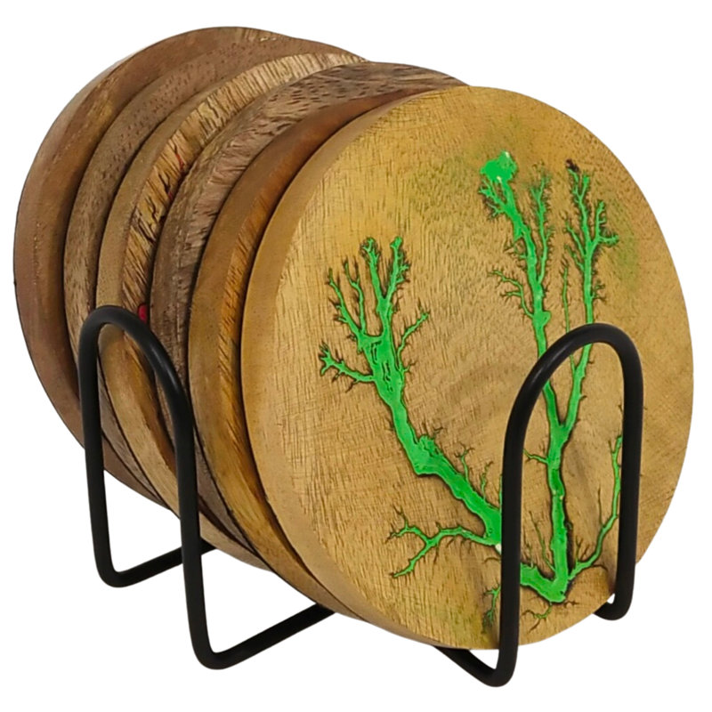 Ensemble de sous-verres géométriques en bois avec support, Éclair, Brun / vert