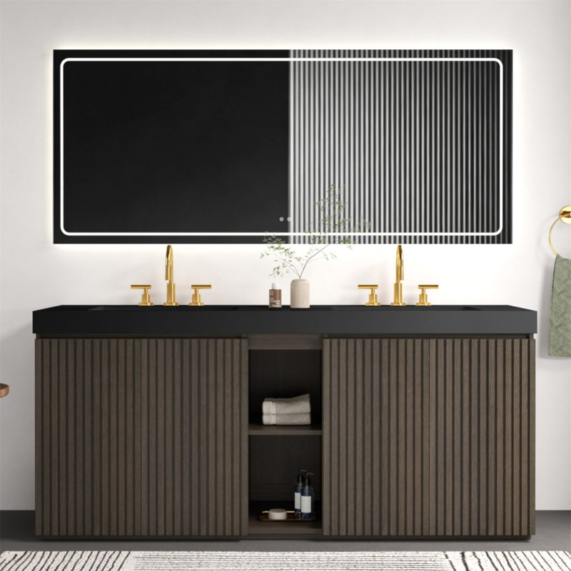 Meuble-lavabo sur pied en chêne fumé 72 po GALAN avec lavabo, grand meuble-lavabo autoportant avec rangement pour salle de bain moderne, lavabo à une pièce en quartz noir sans drain ni robinet, LTL