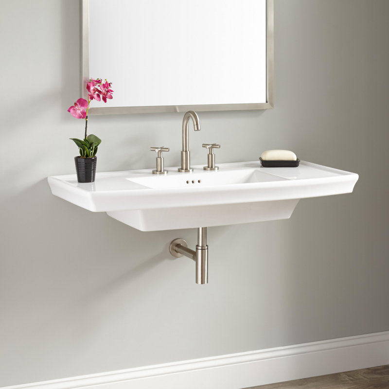 39" Olney White Porcelain Rectangular Wall Bathroom Sink with Overflow