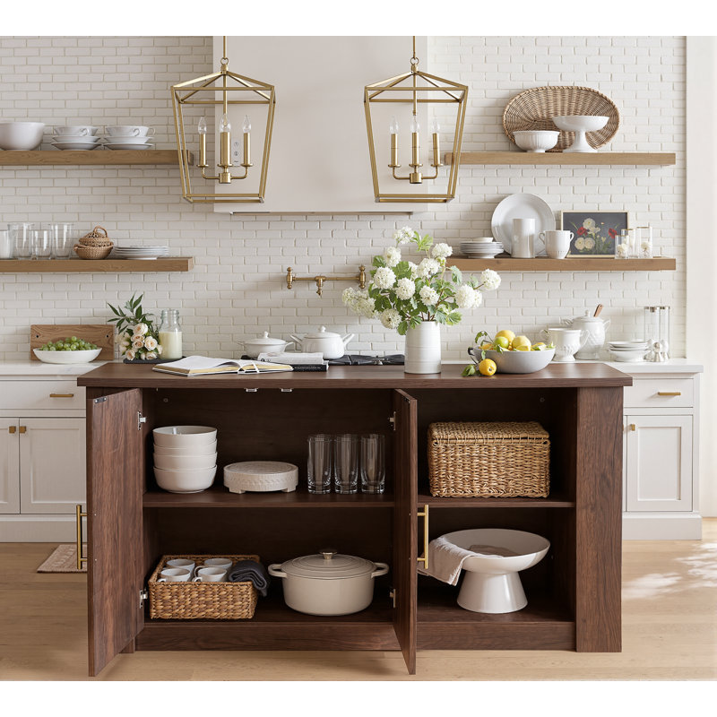 Îlot de cuisine moderne de 160 cm avec rangement, portes cintrées et étagères, noyer