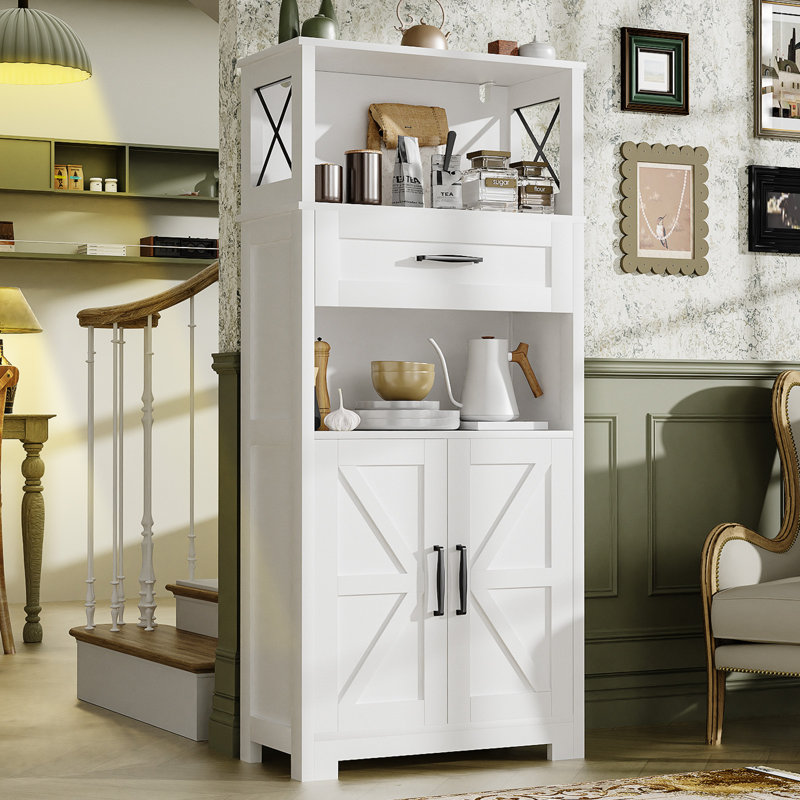 Garde-manger 55 po de style campagnard, armoire de rangement à 5 niveaux avec 2 portes de grange et tiroir, grande armoire de buffet pour les bureaux à domicile