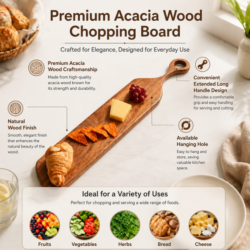 Planche à découper en bois d'acacia à long manche, fini naturel, avec boucle de suspension, fabriquée à la main pour le pain, le fromage et les amuse-gueules.