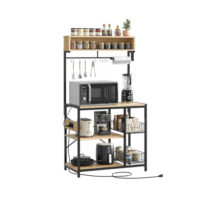 17 Stories Bakers Rack With Power Outlet, 10 Hooks Coffee Bar With Wire Basket, Microwave Stand With Paper Holder