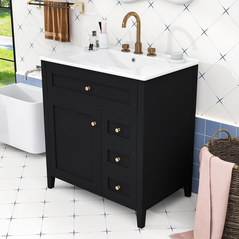 Meuble-lavabo en bois avec lavabo, 3 tiroirs et tablette réglable, Black, 30"