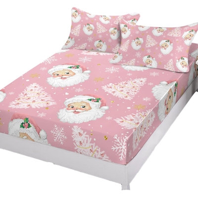 Christmas Cute Santa Claus Xmas Tree Fitted Bed Sheets Fit 5-16Inch Deep Pockets,Luxury Bottom Sheet Bedding Set With Pillow Case,Winter Snowflake On Pink Fitted Sheet For Mattress