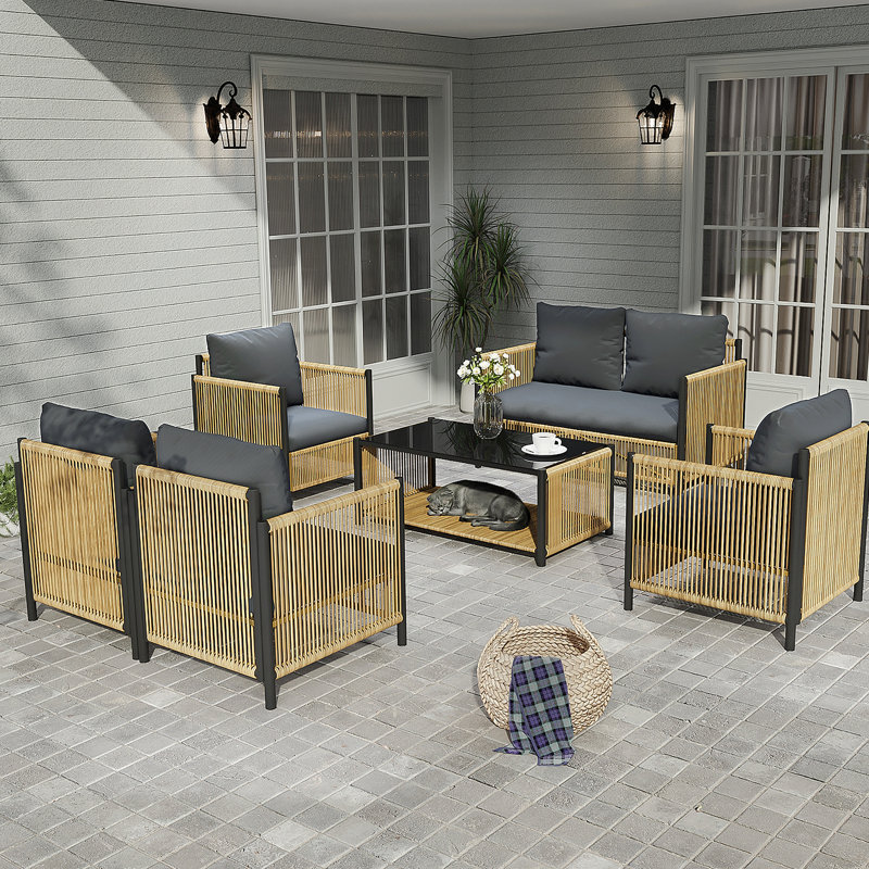Ensemble de canapé de patio brun en osier 6 pièces avec coussin gris