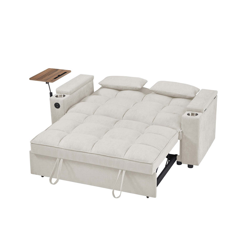 Chenille Loveseat Sleeper Sofa Bed With Storage Armrest ,USB Port ,Side Table, Beige